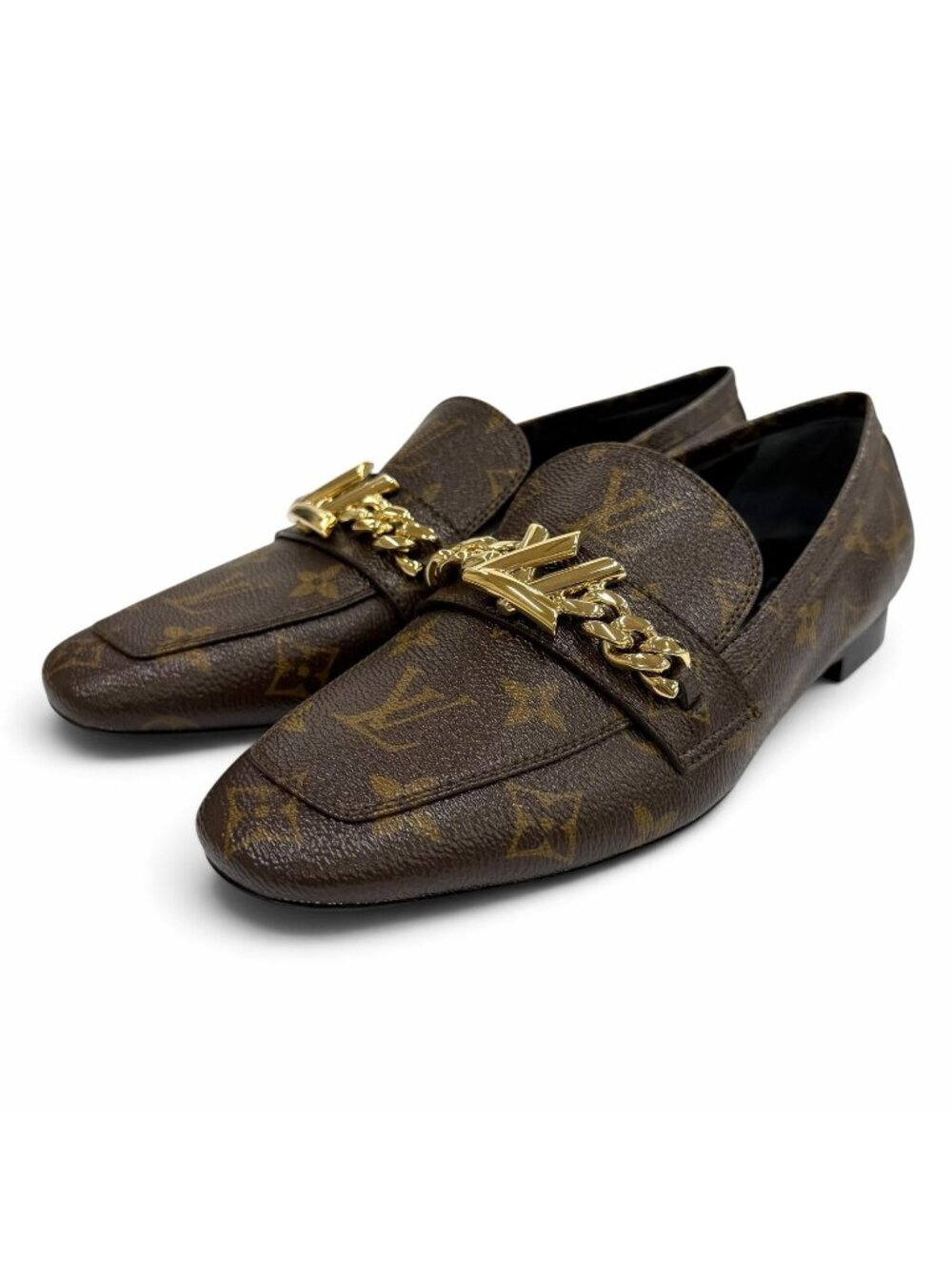 Louis Vuitton Upper Case Line LV Monogram Square Toe Leather Loafers Brown